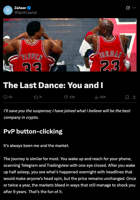 Zaheer Ebtikar, founder of crypto hedge fund Split Capital post on X announcing he is winding down the firm